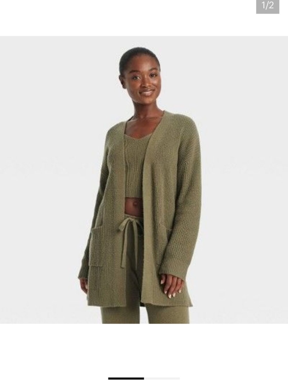 Auden Women’s Olive Green Open-Front Robe Cardigan + Wide-Leg Pant Set Size M/L - Picture 2 of 11